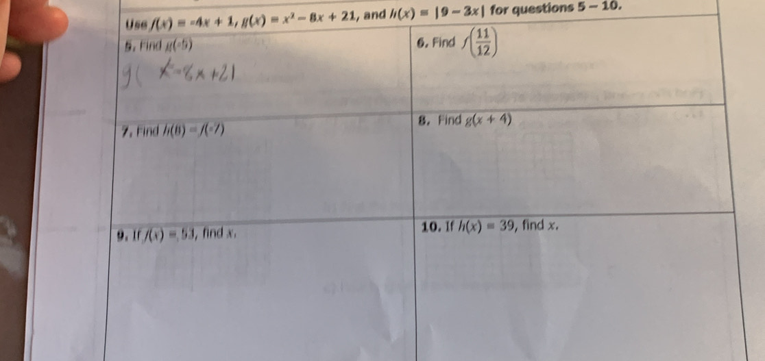 and h(x)=|9-3x| for questions 5-10