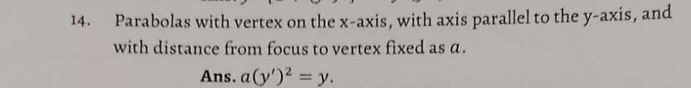 Parabolas with vertex on the x-axis, with axis parallel to the y-axis, and 
with distance from focus to vertex fixed as α. 
Ans. a(y')^2=y.