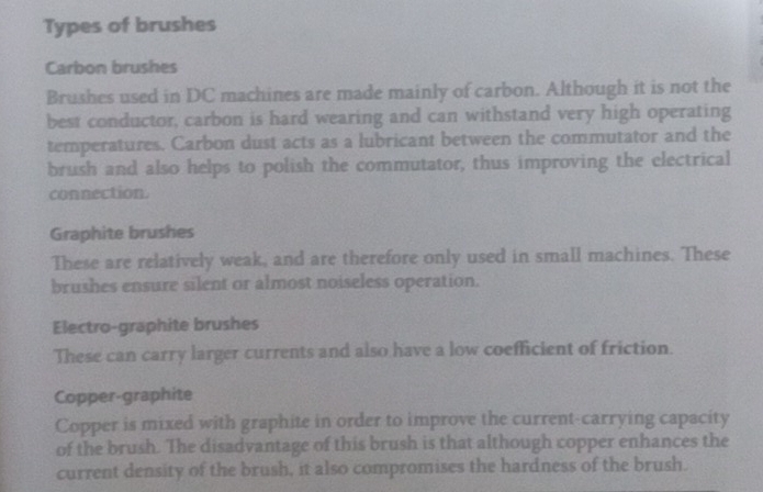 Solved: Types of brushes Carbon brushes Brushes used in DC machines are ...