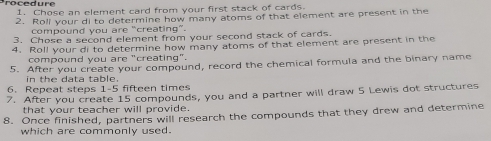 Chose an element card from your first stack of cards. 
2. Roll your di to determine how many atoms of that element are present in the 
compound you are “creating”. 
3. Chose a second element from your second stack of cards. 
4. Roll your di to determine how many atoms of that element are present in the 
compound you are "creating". 
5. After you create your compound, record the chemical formula and the binary name 
in the data table. 
6. Repeat steps 1-5 fifteen times 
7. After you create 15 compounds, you and a partner will draw 5 Lewis dot structures 
that your teacher will provide. 
8. Once finished, partners will research the compounds that they drew and determine 
which are commonly used.