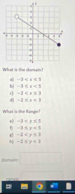 domain? 
a) -3
b) -3≤ x<5</tex> 
c) -2
d) -2≤ x<3</tex> 
What is the Range? 
e) -3
f) -3≤ y<5</tex> 
g) -2
h) -2≤ y<3</tex> 
domain: □ 
ränge: □ 
w