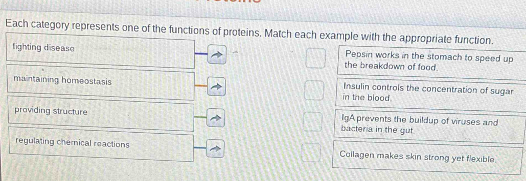 Each category represents one of the functions of proteins. Match each example with the appropriate function.
fighting disease
Pepsin works in the stomach to speed up
the breakdown of food.
maintaining homeostasis
Insulin controls the concentration of sugar
in the blood.
IgA prevents the buildup of viruses and
providing structure bacteria in the gut.
regulating chemical reactions Collagen makes skin strong yet flexible.