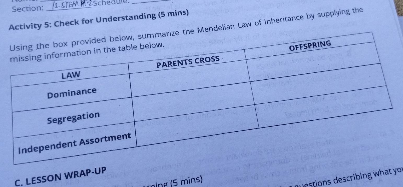 2Schedule:_ 
Activity 5: Check for Understanding (5 mins) 
ndelian Law of Inheritance by supplying the 
C. LESSON WRAP-UP 
ning (5 mins) 
questions describing what yo