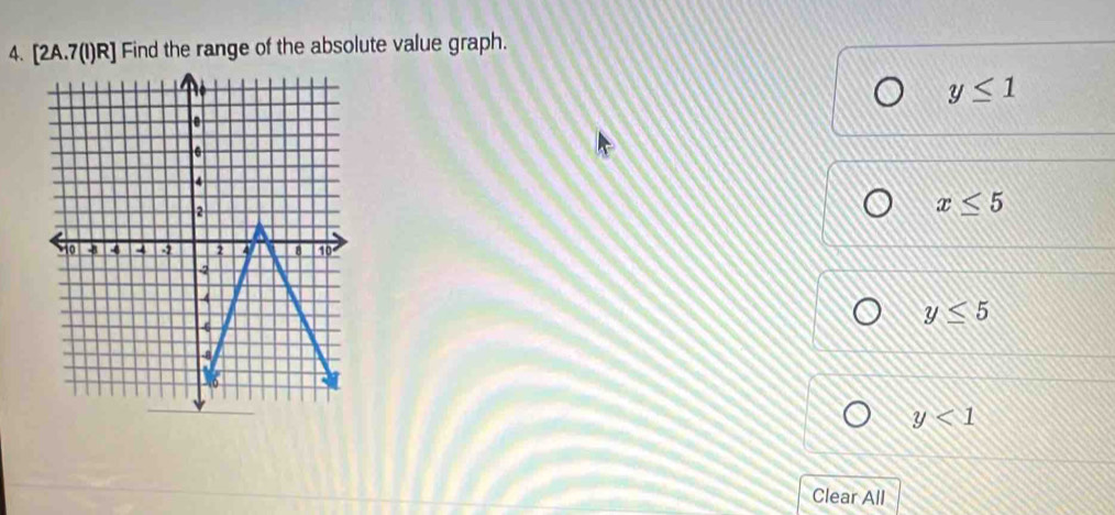 [2A.7(I)R] Find the range of the absolute value graph.
y≤ 1
x≤ 5
y≤ 5
y<1</tex> 
Clear All