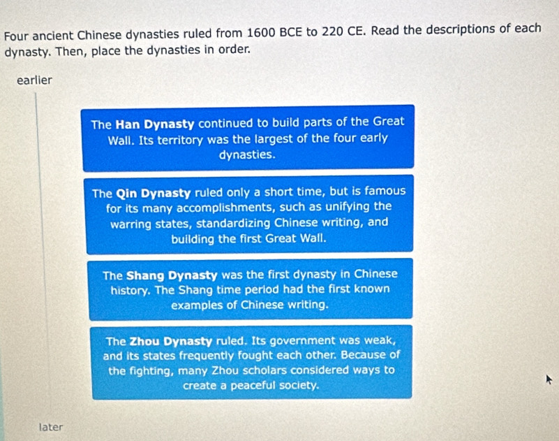 Four ancient Chinese dynasties ruled from 1600 BCE to 220 CE. Read the descriptions of each
dynasty. Then, place the dynasties in order.
earlier
The Han Dynasty continued to build parts of the Great
Wall. Its territory was the largest of the four early
dynasties.
The Qin Dynasty ruled only a short time, but is famous
for its many accomplishments, such as unifying the
warring states, standardizing Chinese writing, and
building the first Great Wall.
The Shang Dynasty was the first dynasty in Chinese
history. The Shang time perlod had the first known
examples of Chinese writing.
The Zhou Dynasty ruled. Its government was weak,
and its states frequently fought each other. Because of
the fighting, many Zhou scholars considered ways to
create a peaceful society.
later