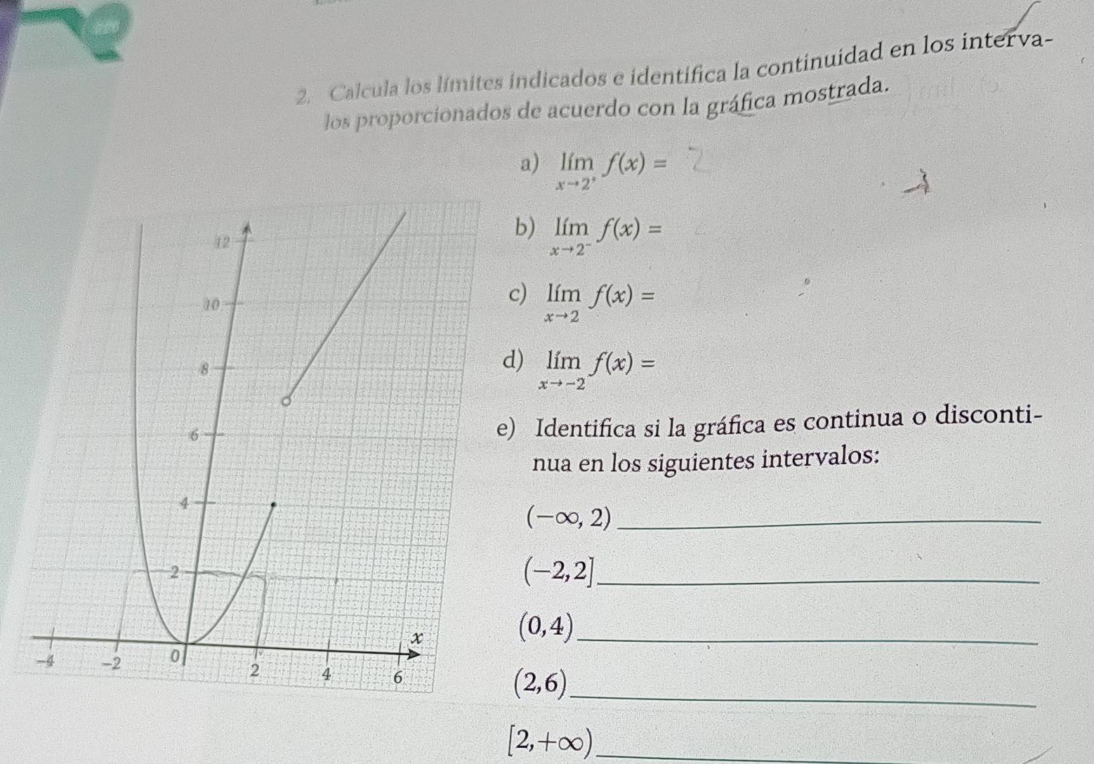 Calcula los límites indicados e identífica la continuídad en los interva- 
los proporcionados de acuerdo con la gráfica mostrada. 
a) limlimits _xto 2^+f(x)=
b) limlimits _xto 2^-f(x)=
) limlimits _xto 2f(x)=
) limlimits _xto -2f(x)=
Identifica si la gráfica es continua o disconti- 
nua en los siguientes intervalos: 
_ (-∈fty ,2)
(-2,2] _
(0,4)
(2,6) _
[2,+∈fty ) _