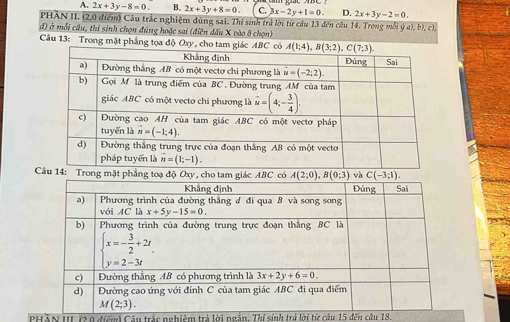 A. 2x+3y-8=0. B. 2x+3y+8=0. C.       gc
3x-2y+1=0. D. 2x+3y-2=0.
PHÂN II. (2,0 điểm) Câu trắc nghiệm dúng sai. Thí sinh trả lời từ câu 13 đến câu 14. Trong mỗi dot ya),b),c),
d) ở mỗi câu, thí sinh chọn đúng hoặc sai (điền dấu X vào ô chọn)
Câu 13: Trong mặt phẳng tọa độ Oxy, cho tam giác A
Trong mặt phẳng toạ độ Oxy , cho tam giác ABC có A(2;0),B(0;3) và C(-3;1).
PHẢN III (2 0 điệm) Câu trắc nghiêm trả lời ngắn. Thí sinh trả lời từ câu 15 đến câu 18.