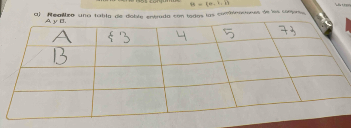 os conjunos B=(e,i,j)
La com 
a) Realizo una tabla de doble entrada con todas las combinaciones de los conjunto