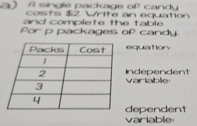 a A single package of candy
costs $2. Write an equation
and complete the table
for p packages of candy.
equation
Independent
variable
dependent
variable