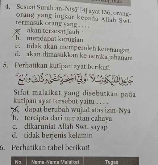 Đang Đik
4. Sesuai Surah an-Nisā’ [4] ayat 136, orang-
orang yang ingkar kepada Allah Swt.
termasuk orang yang . . . .. akan tersesat jauh ·
b. mendapat kerugian
c. tidak akan memperoleh ketenangan
d. akan dimasukkan ke neraka jahanam
5. Perhatikan kutipan ayat berikut!
Sifat malaikat yang disebutkan pada
kutipan ayat tersebut yaitu . . . .
dapat berubah wujud atas izin-Nya
b. tercipta dari nur atau cahaya
c. dikaruniai Allah Swt. sayap
d. tidak berjenis kelamin
6. Perhatikan tabel berikut!