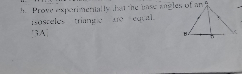 Prove experimentally that the base angles of an 
isosceles triangle are equal. 
[3A]