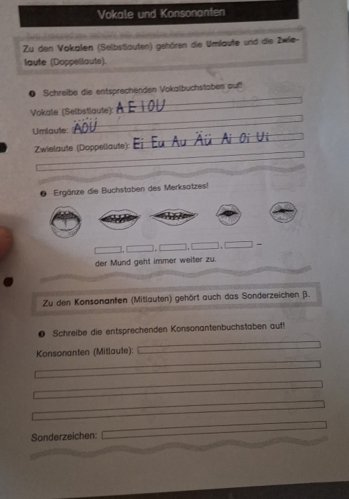 Vokale und Konsonanten 
Zu den Vokalen (Selbstlauten) gehören die Umlaute und die Zwfie- 
laute (Doppellaute). 
● Schreibe die entsprechenden Vokalbuchstaben auf! 
Vokale (Selbstlaute):_ 
_ 
Umlaute:_ 
Zwielaute (Doppellaute): Ei Eu Au Äü Ai Oi Vi 
_ 
@ Ergänze die Buchstaben des Merksatzes! 
1. □ □ ,□ -
der Mund geht immer weiter zu. 
Zu den Konsonanfen (Mitlauten) gehört auch das Sonderzeichen β. 
Schreibe die entsprechenden Konsonantenbuchstaben auf! 
Konsonanten (Mitlaute): 
Sonderzeichen: □