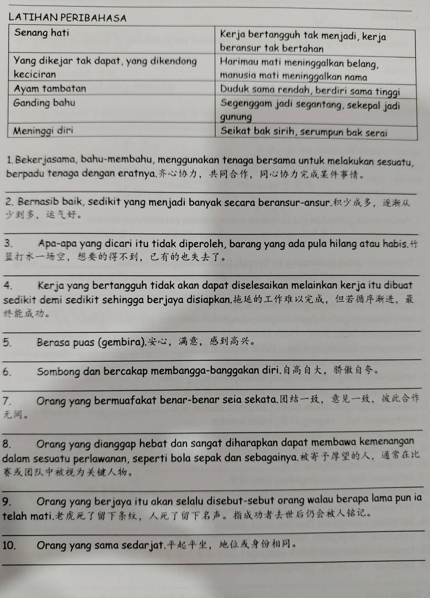 Bekerjasama, bahu-membahu, menggunakan tenaga bersama untuk melakukan sesuatu, 
berpadu tenaga dengan eratnya.，，。 
_ 
2. Bernasib baik, sedikit yang menjadi banyak secara beransur-ansur.， 
，。 
_ 
3. Apa-apa yang dicari itu tidak diperoleh, barang yang ada pula hilang atau habis. 
，，。 
_ 
4. Kerja yang bertangguh tidak akan dapat diselesaikan melainkan kerja itu dibuat 
sedikit demi sedikit sehingga berjaya disiapkan.，， 
。 
_ 
5. Berasa puas (gembira).，，。 
_ 
6. Sombong dan bercakap membangga-banggakan diri.，。 
_ 
7. Orang yang bermuafakat benar-benar seia sekata.，， 
。 
_ 
8. Orang yang dianggap hebat dan sangat diharapkan dapat membawa kemenangan 
dalam sesuatu perlawanan, seperti bola sepak dan sebagainya.， 
。 
_ 
9. Orang yang berjaya itu akan selalu disebut-sebut orang walau berapa lama pun ia 
telah mati.，。。 
_ 
10. Orang yang sama sedarjat.，。 
_