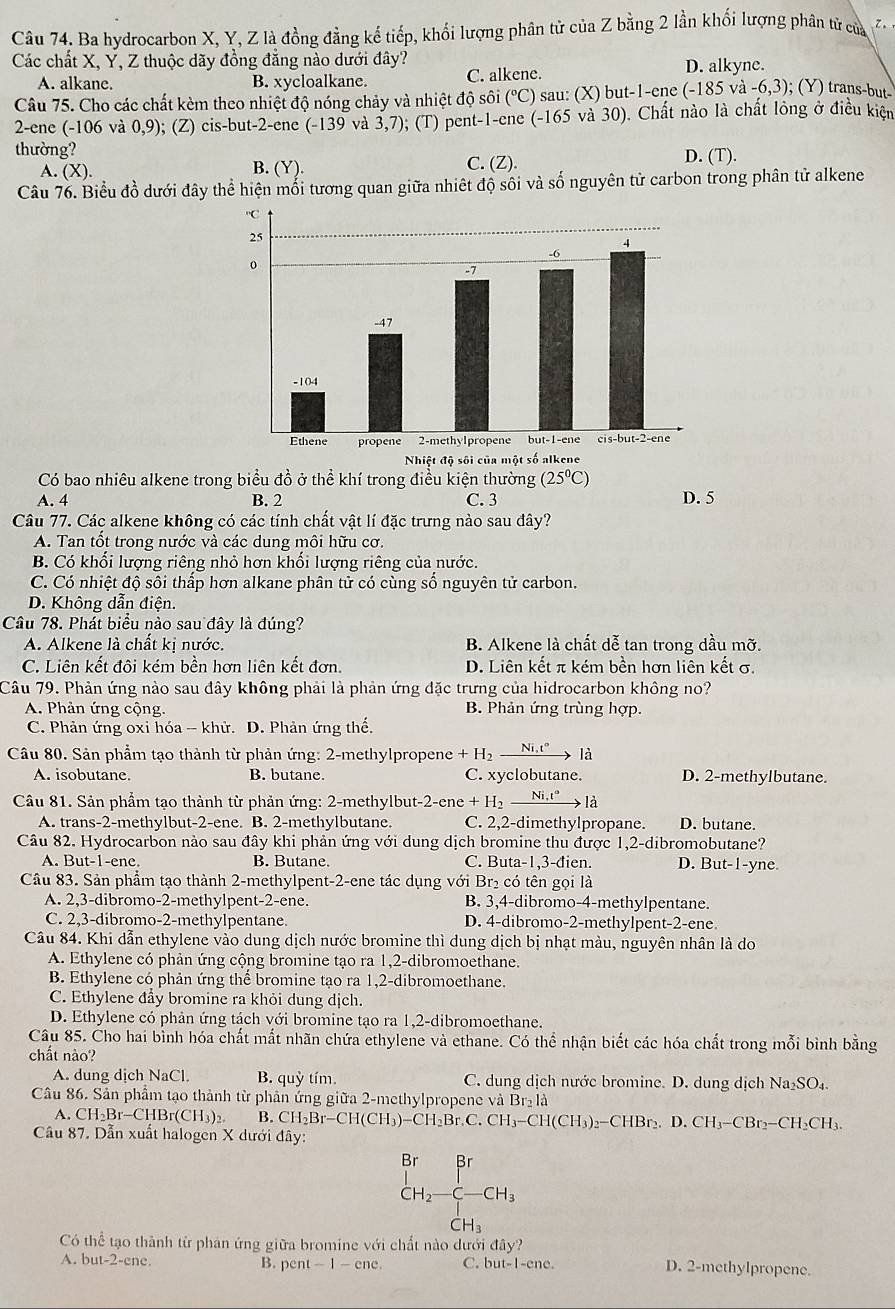 Ba hydrocarbon X, Y, Z là đồng đẳng kế tiếp, khối lượng phân tử của Z bằng 2 lần khối lượng phân tử của    
Các chất X, Y, Z thuộc dãy đồng đẳng nào dưới đây?
A. alkane. B. xycloalkane. C. alkene.
D. alkyne.
Câu 75. Cho các chất kèm theo nhiệt độ nóng chảy và nhiệt độ sôi (°C) sau: (X) but-1-ene (-185va-6,3); (Y) trans-but-
2-ene (-106 và 0,9 ); (Z) cis-but-2-ene (-139 và 3,7); (T) pent-1-ene (-165 và 30). Chất nào là chất lông ở điều kiện
thường? B. (Y).
A. (X). C. (Z). D. (T).
Câu 76. Biểu đồ dưới đây thể hiện mối tương quan giữa nhiệt độ sôi và số nguyên tử carbon trong phân tử alkene
Có bao nhiêu alkene trong biểu đồ ở thể khí trong điều kiện thường (25°C)
A. 4 B. 2 C. 3 D. 5
Câu 77. Các alkene không có các tính chất vật lí đặc trưng nào sau đây?
A. Tan tốt trong nước và các dung môi hữu cơ.
B. Có khổi lượng riêng nhỏ hơn khổi lượng riêng của nước.
C. Có nhiệt độ sôi thấp hơn alkane phân tử có cùng số nguyên tử carbon.
D. Không dẫn điện.
Câu 78. Phát biểu nào sau đây là đúng?
A. Alkene là chất kị nước. B. Alkene là chất dễ tan trong dầu mỡ.
C. Liên kết đội kém bền hơn liên kết đơn. D. Liên kết π kém bền hơn liên kết σ.
Câu 79. Phản ứng nào sau đây không phải là phản ứng đặc trưng của hidrocarbon không no?
A. Phản ứng cộng. B. Phản ứng trùng hợp.
C. Phản ứng oxi hóa - khử. D. Phản ứng thế.
Câu 80. Sản phẩm tạo thành từ phản ứng: 2-methylpropene +H_2 Ni,t°  là
A. isobutane. B. butane. C. xyclobutane. D. 2-methylbutane.
Câu 81. Sản phẩm tạo thành từ phản ứng: 2-methylbut- -2-ene+H_2 I Ni,t^o 、 là
A. trans-2-methylbut-2-ene. B. 2-methylbutane. C. 2,2-dimethylpropane. D. butane.
Câu 82. Hydrocarbon nào sau đây khi phản ứng với dung dịch bromine thu được 1,2-dibromobutane?
A. But-1-ene. B. Butane. C. Buta-1,3-đien. D. But-1-yne
Câu 83. Sản phẩm tạo thành 2-methylpent-2-ene tác dụng với Br₂ có tên gọi là
A. 2,3-dibromo-2-methylpent-2-ene. B. 3,4-dibromo-4-methylpentane.
C. 2,3-dibromo-2-methylpentane. D. 4-dibromo-2-methylpent-2-ene
Câu 84. Khi dẫn ethylene vào dung dịch nước bromine thì dung dịch bị nhạt màu, nguyên nhân là do
A. Ethylene có phản ứng cộng bromine tạo ra 1,2-dibromoethane.
B. Ethylene có phản ứng thể bromine tạo ra 1,2-dibromoethane,
C. Ethylene đầy bromine ra khỏi dung dịch.
D. Ethylene có phản ứng tách với bromine tạo ra 1,2-dibromoethane.
Câu 85. Cho hai bình hóa chất mất nhãn chứa ethylene và ethane. Có thể nhận biết các hóa chất trong mỗi bình bằng
chất nào?
A. dung dịch NaCl. B. quỳ tím. C. dung dịch nước bromine. D. dung dịch Na₂SO₄.
Câu 86. Sản phẩm tạo thành từ phân ứng giữa 2-methylpropene và Brị là
A. CH_2Br-CHBr(CH_3)_2. B. CH_2Br-CH(CH_3)-CH_2Br.C.CH_3-CH(CH_3)_2-CHBr_2 D. 2H_3- CE r_2-CH_2CH_3
Câu 87. Dẫn xuất halogen X dưới đây:
_CH_2H_2-CH_3^Br
Có thể tạo thành từ phản ứng giữa bromine với chất nào dưới day?
B. pent-1-ene.
A. but-2-ene. C. but-l-enc. D. 2-methylpropene.