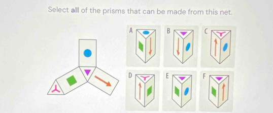 Select all of the prisms that can be made from this net.
B C
D E F