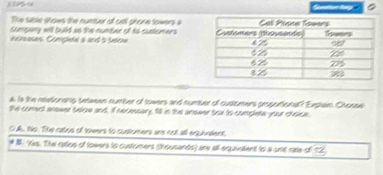 a
The satle shows the nurser of ca gnone towers s
company will buld so the aumber of te cutemers 
incrases. Complete a and i beloe. 
a is the reatoneng seteeen cunber of towers and sumber of customers propotional? Expian. Chasse
the comect arewer below and, iIt neomsary, 1f in the anewer tou to complete your chace.
A to. The ratoe of towers to customers are not all equivadent.
8. Yes. The ratos of towers to custorers (housands) are all eqquvadent to a unt rate of 12.