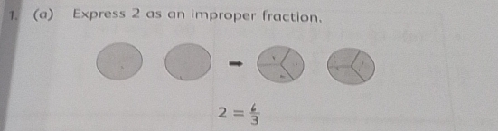 Express 2 as an improper fraction.
2= 6/3 