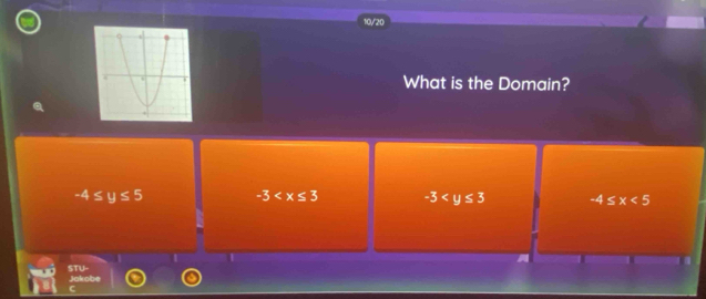 10/20
What is the Domain?
-4≤ y≤ 5 -3 -3 -4≤ x<5</tex> 
STU- Jakobe