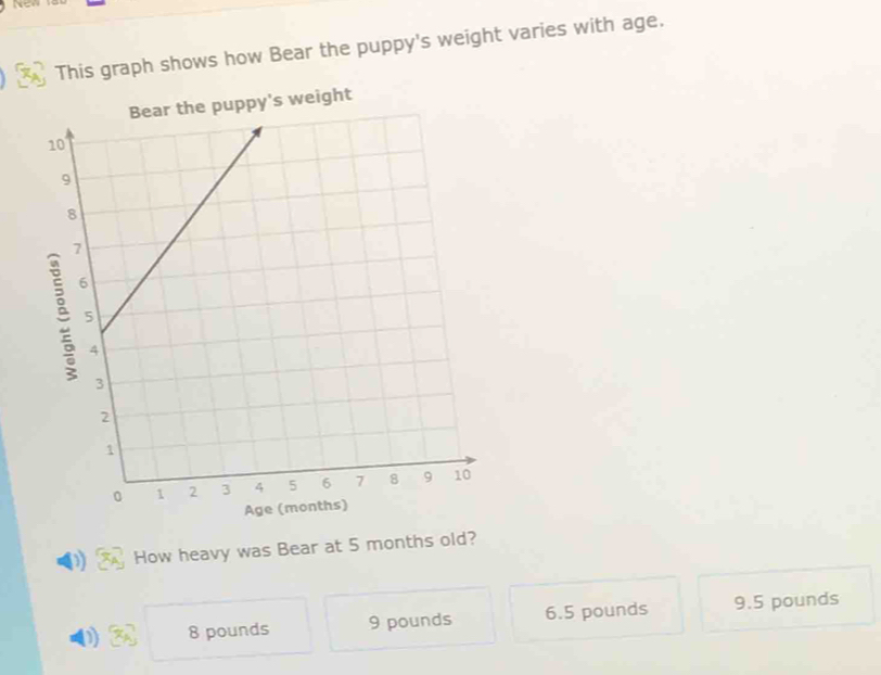 This graph shows how Bear the puppy's weight varies with age.
s weight
How heavy was Bear at 5 months old?
8 pounds 9 pounds 6.5 pounds 9.5 pounds