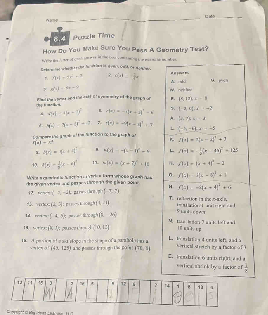 Name _Date_ 8.4 Puzzle Time How Do You Make Sure You Pass A Geometry Test? Write the lette [Math]