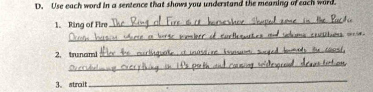 Use each word in a sentence that shows you understand the meaning of each word. 
1. Ring of Fire_ 
_ 
2. tsunami 
_ 
_ 
3. strait 
_