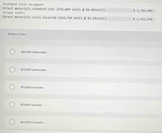 Standard costs assigned:
Direct materials standard cost (426,000 units @ $4.00 /unit) $ 1,704,000
Actual costs:
Direct materials costs incurred (424,750 units @ $4.20 /unit) $ 1,783,950
Multiple Choice
$84,950 Unfavorable.
$79,950 Unfavorable
$79,950 Favorable.
$5,000 Favorable.
$84,950 Favorable