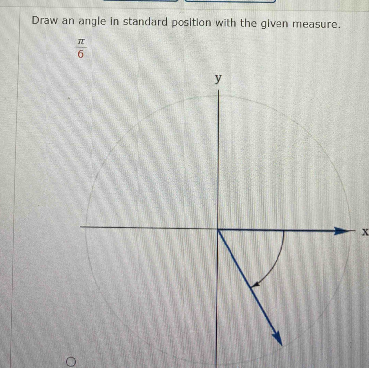 Draw an angle in standard position with the given measure.
 π /6 
x