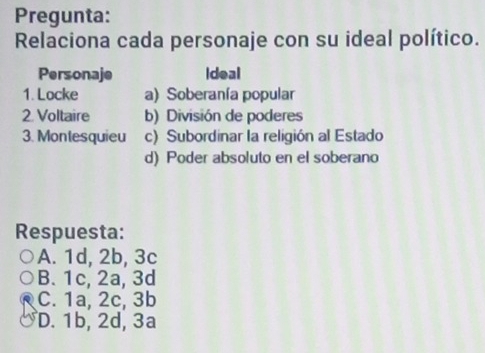 Pregunta:
Relaciona cada personaje con su ideal político.
Personaje Ideal
1. Locke a) Soberanía popular
2. Voltaire b) División de poderes
3. Montesquieu c) Subordinar la religión al Estado
d) Poder absoluto en el soberano
Respuesta:
A. 1d, 2b, 3c
B. 1c, 2a, 3d
C. 1a, 2c, 3b
D. 1b, 2d, 3a