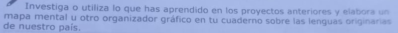 Investiga o utiliza lo que has aprendido en los proyectos anteriores y elabora un 
mapa mental u otro organizador gráfico en tu cuaderno sobre las lenguas originarias 
de nuestro país.