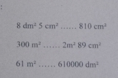 8dm^25cm^2.....810cm^2
300m^2......2m^289cm^2
61m^2......610000dm^2