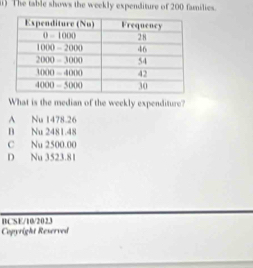 ) The table shows the weekly expenditure of 200 families.
What is the median of the weekly expenditure?
A Nu 1478.26
B Nu 2481.48
C Nu 2500.00
D Nu 3523.81
BCSE/10/2023
Copyright Reserved