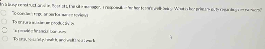In a busy construction site, Scarlett, the site manager, is responsible for her team's well-being. What is her primary duty regarding her workers?
To conduct regular performance reviews
To ensure maximum productivity
To provide financial bonuses
To ensure safety, health, and welfare at work