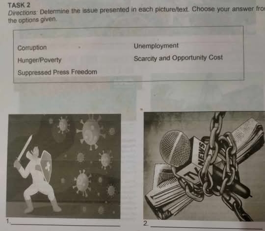 TASK 2 
Directions: Determine the issue presented in each picture/text. Choose your answer fro 
the options given. 
Corruption Unemployment 
Hunger/Poverty Scarcity and Opportunity Cost 
Suppressed Press Freedom 
_ 
2._