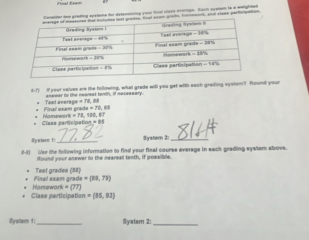 Final Exam 87 
der two grading systems for determining your final class average. Each system is a weighted 
am grade, homework, and class participation. 
6-7) If your values are the following, what grade will you get with each grading system? Round your 
answer to the nearest tenth, if necessary. 
Test average =78,88
Final exam grade =70,65
Homework =75,100,87
Class participation =85
System 1: _System 2:_ 
8-9) Use the following information to find your final course average in each grading system above. 
Round your answer to the nearest tenth, if possible. 
Test grades  88  
Final exam grade = 89,79
Homework = 77
Class participation = 85,93
System 1:_ System 2:_