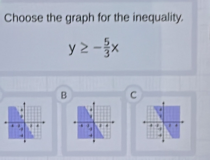 Choose the graph for the inequality.
y≥ - 5/3 x
B
C