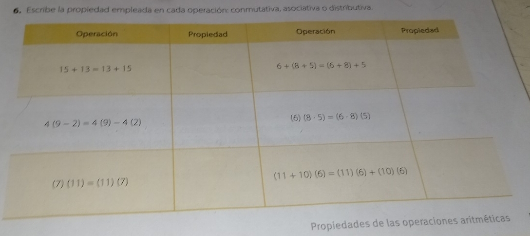 6, Escribe la propiedad empleada en cada operación: conmutativa, asociativa o distributiva.
Propiedades