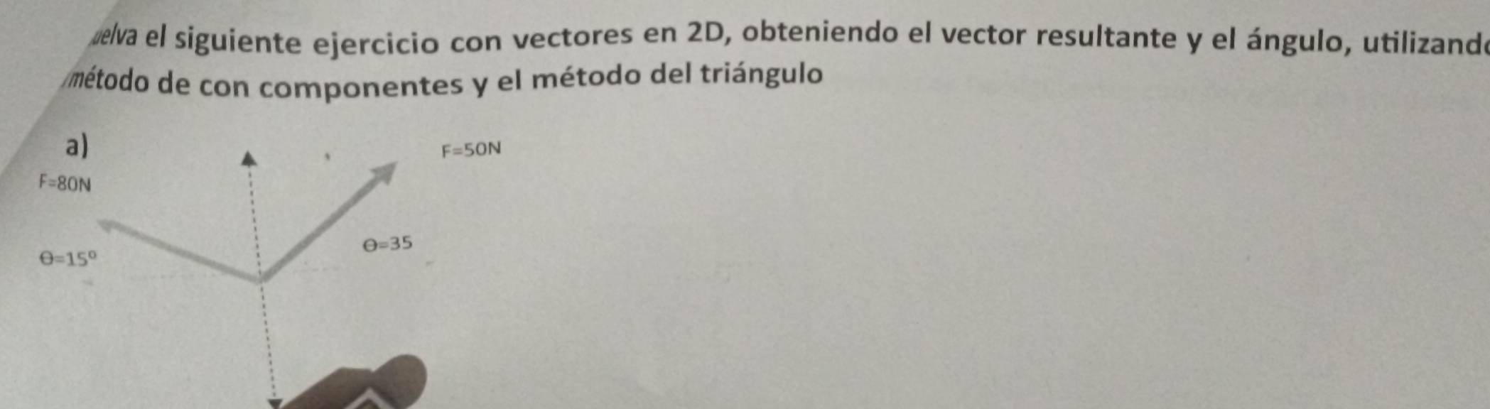 va el siguiente ejercicio con vectores en 2D, obteniendo el vector resultante y el ángulo, utilizando
método de con componentes y el método del triángulo
a
F=50N
F=80N
θ =15°