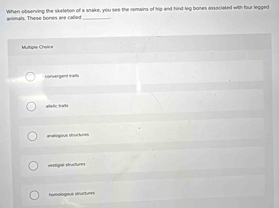 When observing the skeleton of a snake, you see the remains of hip and hind leg bones associated with four legged
animals. These bones are called_
Multiple Choice
convergent traits
allelic traits
analogous structures
vestigial structures
homologous structures