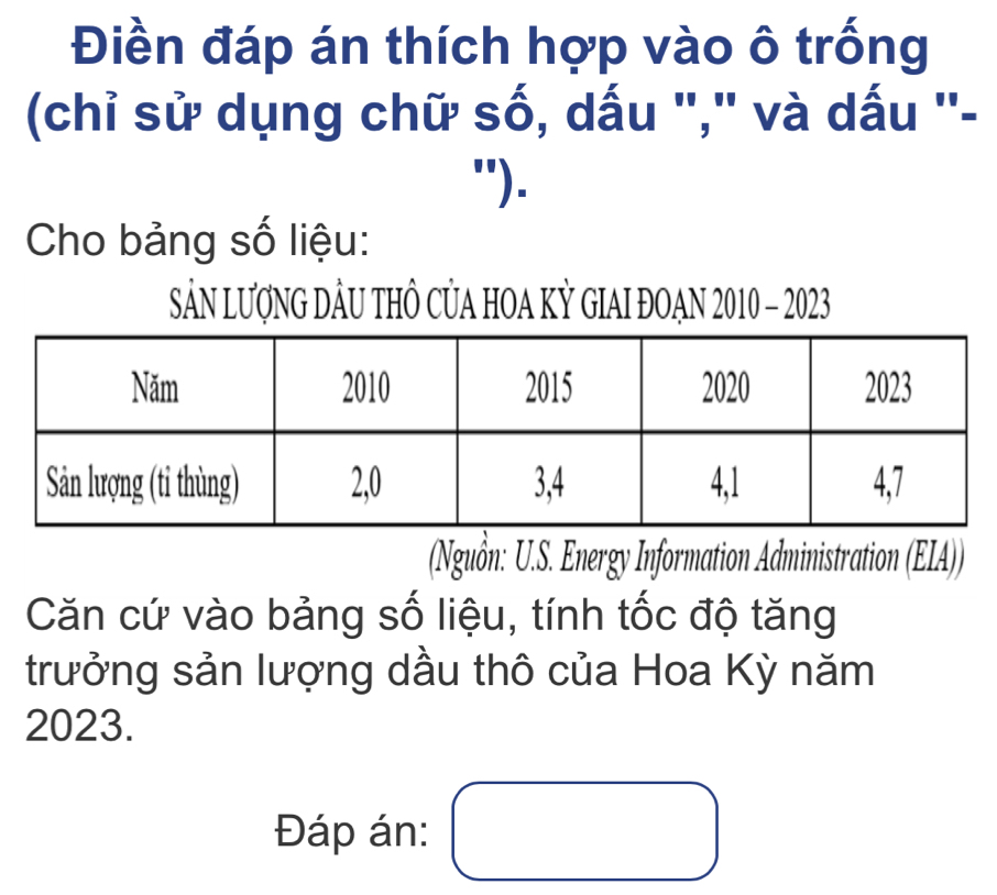 Điền đáp án thích hợp vào ô trống 
(chỉ sử dụng chữ số, dấu "," và dấu ''- 
"). 
Cho bảng số liệu: 
SảN LượNG DÂU THÔ CủA HOA KỲ GIAI ĐOAN 2010 - 2023 
(Nguồn: U.S. Energy Information Administration (ELA)) 
Căn cứ vào bảng số liệu, tính tốc độ tăng 
trưởng sản lượng dầu thô của Hoa Kỳ năm
2023. 
Đáp án: