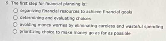 The first step for financial planning is:
organizing financial resources to achieve financial goals
determining and evaluating choices
avoiding money worries by eliminating careless and wasteful spending
prioritizing choice to make money go as far as possible