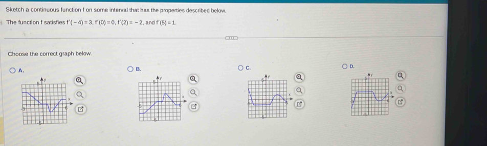 Sketch a continuous function f on some interval that has the properties described below. 
The function f satisfies f'(-4)=3, f'(0)=0, f'(2)=-2 , and f'(5)=1. 
Choose the correct graph below. 
A. 
B. 
C. 
D.