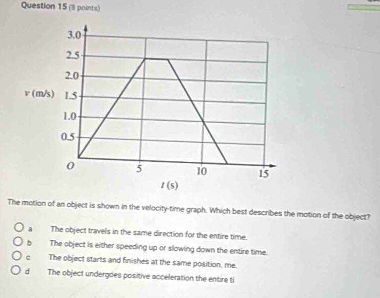 The motion of an object is shown in the velocity-time graph. Which best describes the motion of the object?
a The object travels in the same direction for the entire time.
b The object is either speeding up or slowing down the entire time.
c The object starts and finishes at the same position, me.
dThe object undergões positive acceleration the entire ti