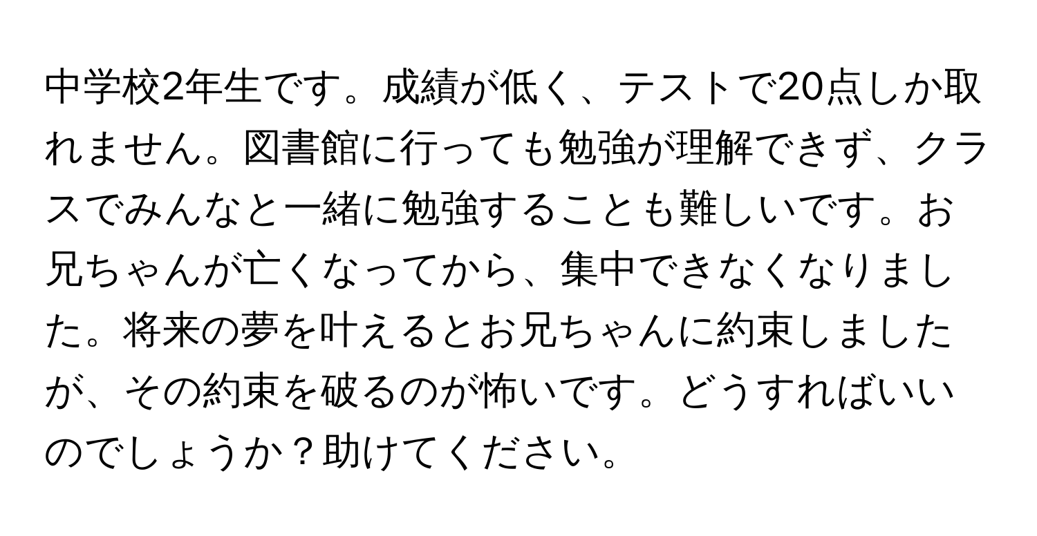 中学校2年生です。成績が低く、テストで20点しか取れません。図書館に行っても勉強が理解できず、クラスでみんなと一緒に勉強することも難しいです。お兄ちゃんが亡くなってから、集中できなくなりました。将来の夢を叶えるとお兄ちゃんに約束しましたが、その約束を破るのが怖いです。どうすればいいのでしょうか？助けてください。