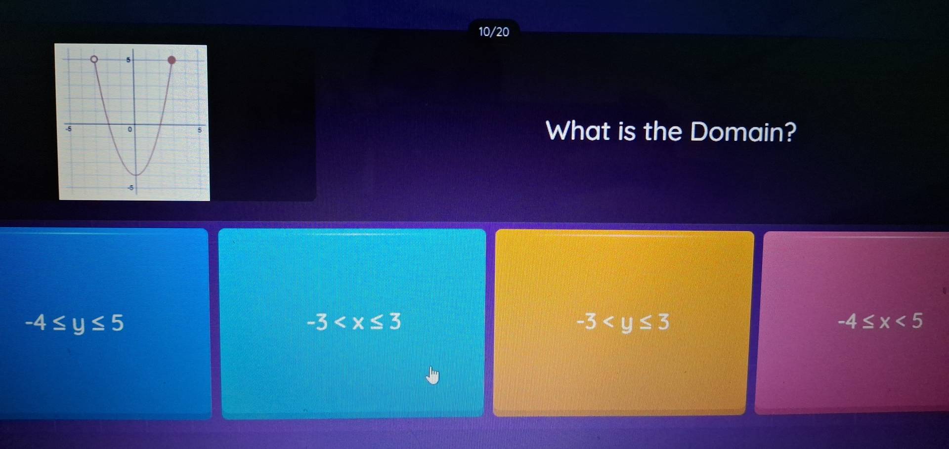 10/20
What is the Domain?
-4≤ y≤ 5
-3
-3
-4≤ x<5</tex>