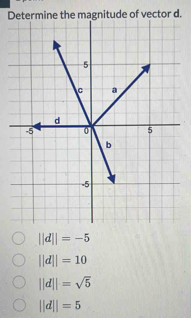 ||d||=-5
||d||=10
||d||=sqrt(5)
||d||=5