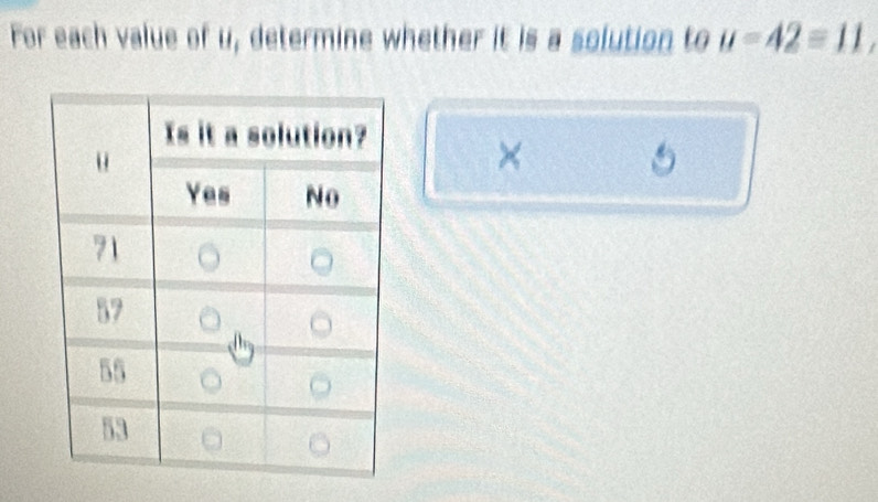 For each value of u, determine whether it is a solution to u=42=11
×
5