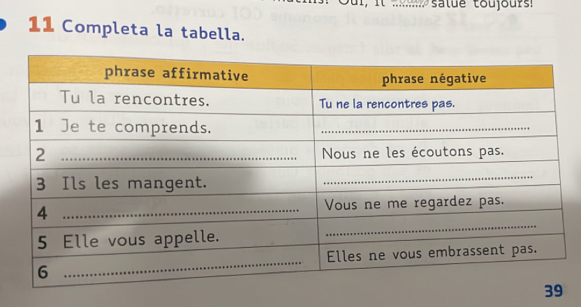 it ........... salue toujour! 
11 Completa la tabella.