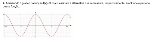 Analisando o gráfico da função f(x)=3cos x , assinale a alternativa que representa, respectivamente, amplitude e periodo 
dessa função: