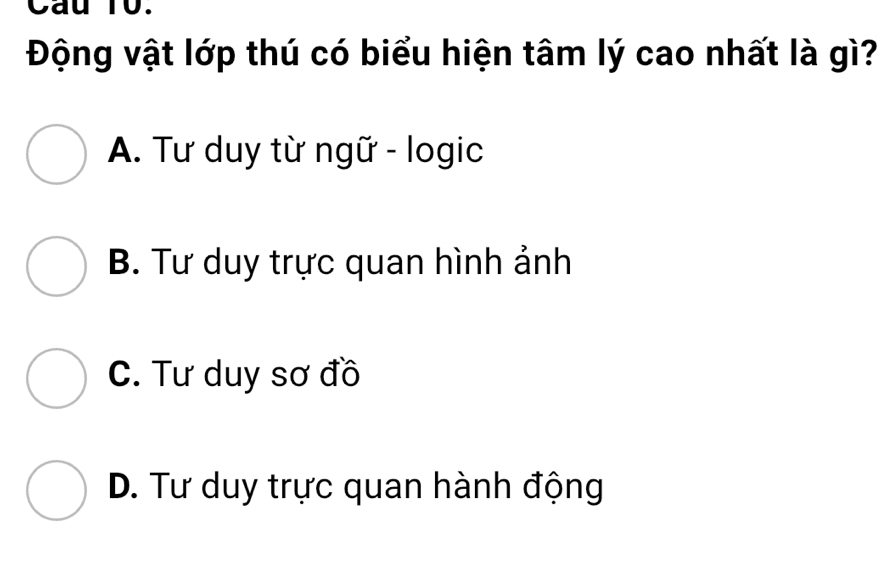 Cau 10.
Động vật lớp thú có biểu hiện tâm lý cao nhất là gì?
A. Tư duy từ ngữ - logic
B. Tư duy trực quan hình ảnh
C. Tư duy sơ đồ
D. Tư duy trực quan hành động