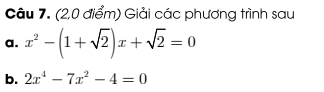 (2,0 điểm) Giải các phương trình sau 
a. x^2-(1+sqrt(2))x+sqrt(2)=0
b. 2x^4-7x^2-4=0